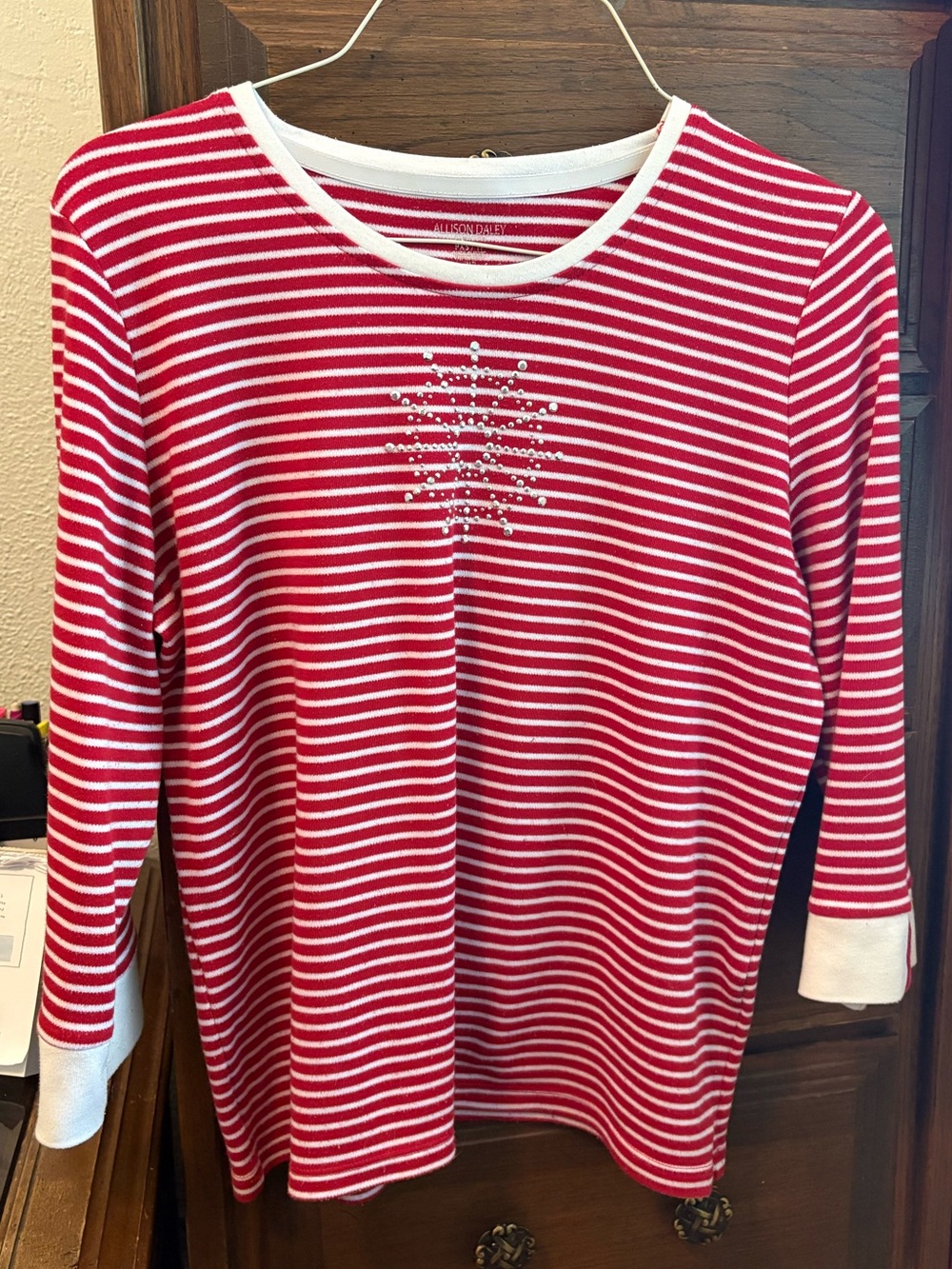 Allison Daley Red & White Striped 3/5 Long-Sleeve Shirt with Sparkle Snowflake
